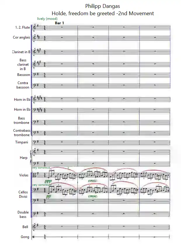 Measures 1 to 4 - notation “Holde, freedom be greeted!” by Philip Dangas