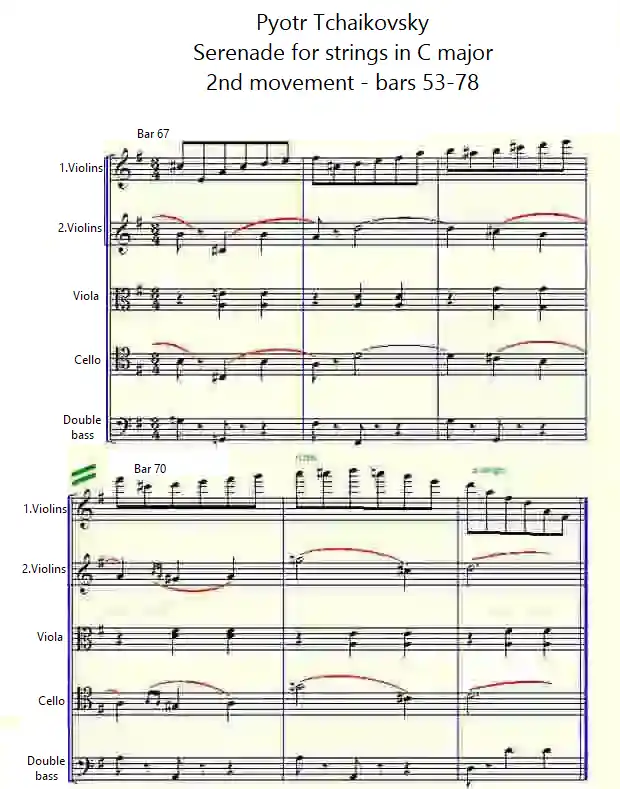 Sheet music for the Serenade for Strings, bars 67-72 by Tchaikovsky