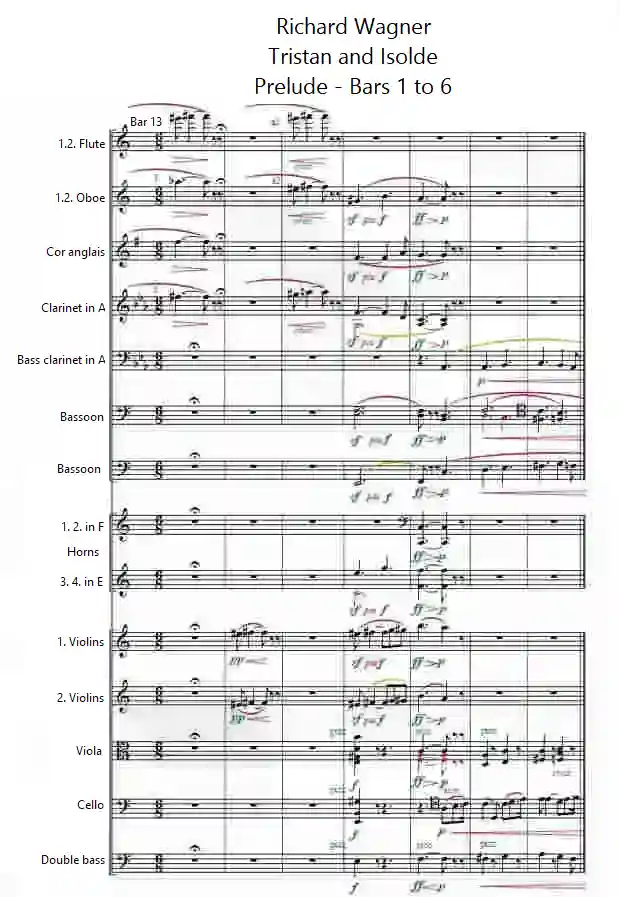 Notenbild zum Tristan Takt 13-19 von Richard Wagner