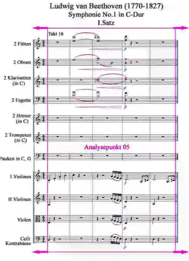 Notenbild zur Symphonie Nr.1 1.Satz Takt 16-20 von Beethoven