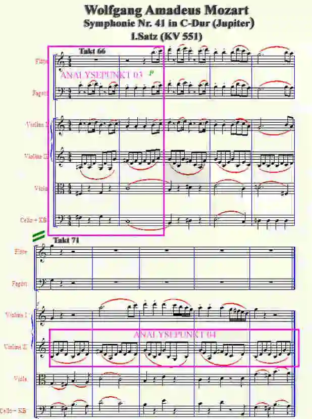 Partiturausschnitt von Mozarts "41.Symphonie 1.Satz" Takt 66-75